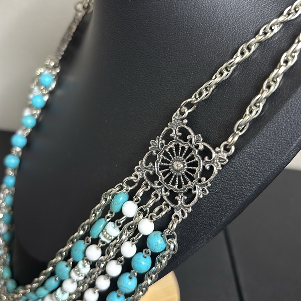 Mialisia Silver Beaded Layered Turquoise Silver Tone Statement Necklace - Picture 3 of 6